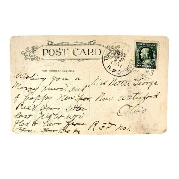 Antique 1911 JB Embossed Christmas US Benjamin Franklin One Cent Stamp Postcard - Picture 2 of 8